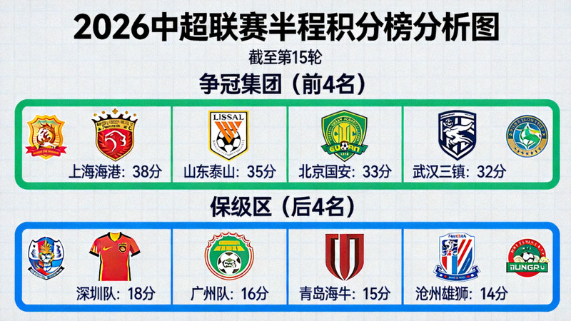 2026中超联赛半程积分榜分析图，展示争冠集团与保级区球队分布