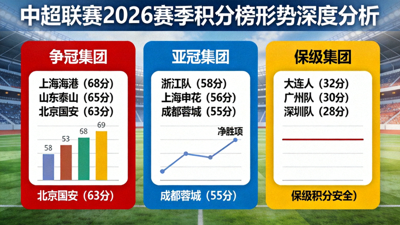 中超联赛2026赛季积分榜形势深度分析图，展示争冠、亚冠、保级三大集团